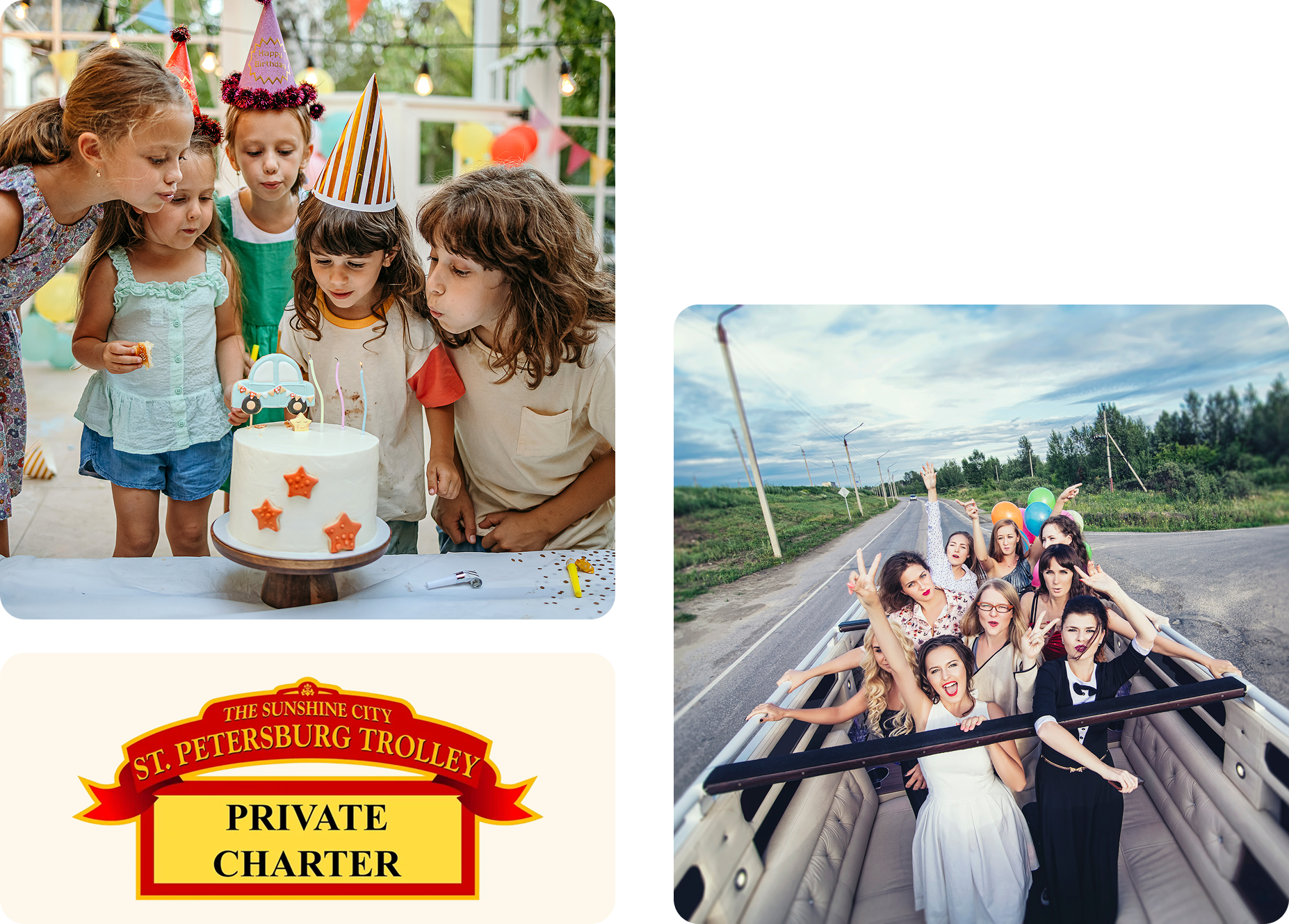Children at birthday party, group in limousine.