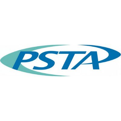 Logo of PSTA with blue letters and an elliptical swoosh.